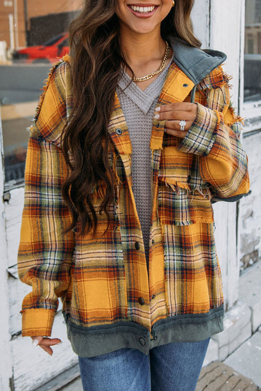 Orange Plaid Patch Hooded Frayed Snap Button Jacket