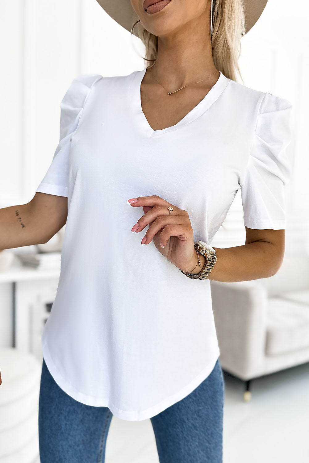 White Puff Sleeve V-Neck T-Shirt