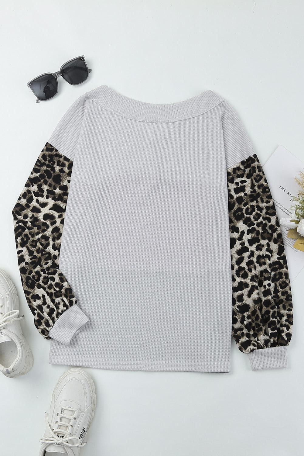 Red Wild Leopard Contrast Sleeve Colorblock Waffle Knit Top