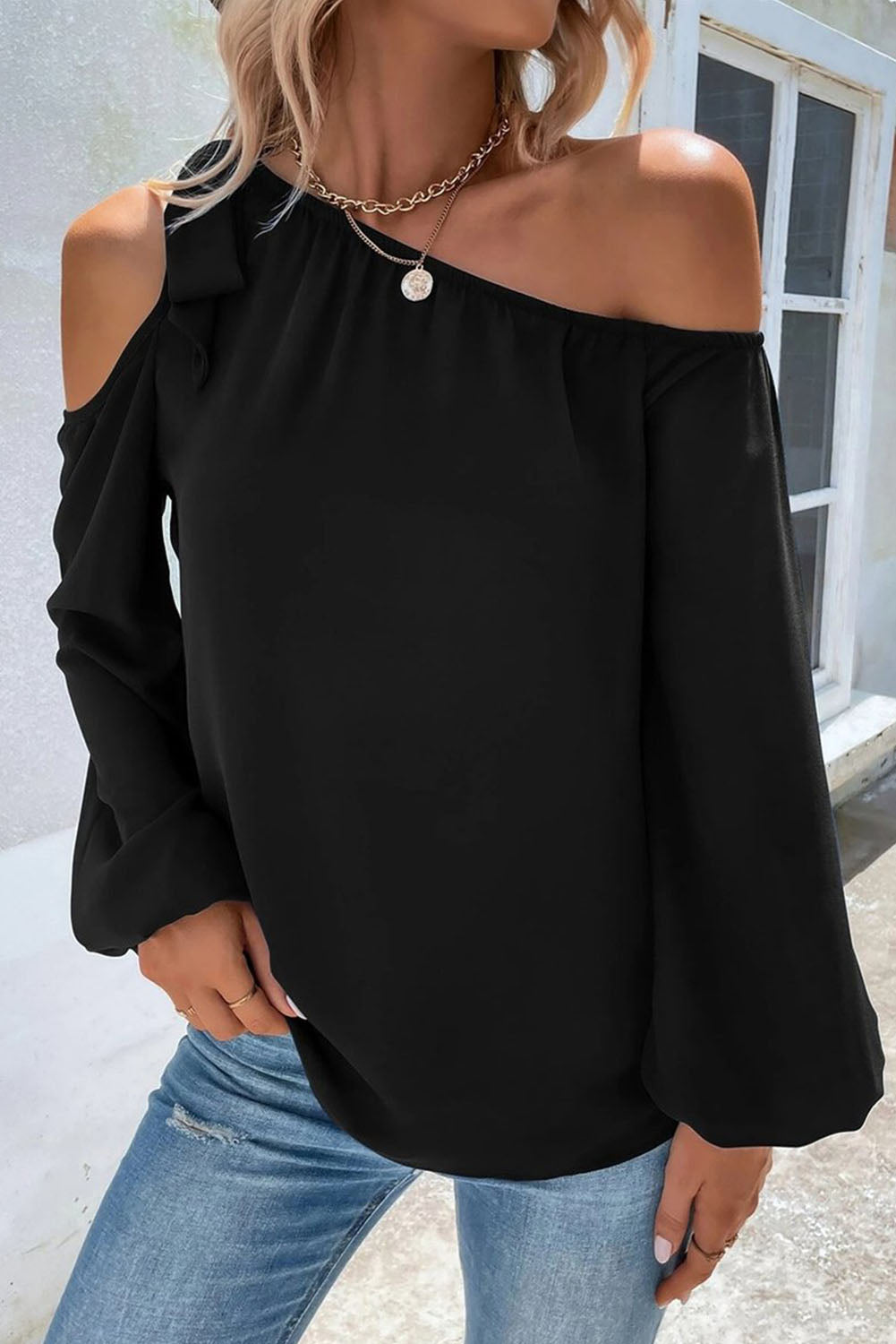 Black Knotted Asymmetric Off Shoulder Blouse