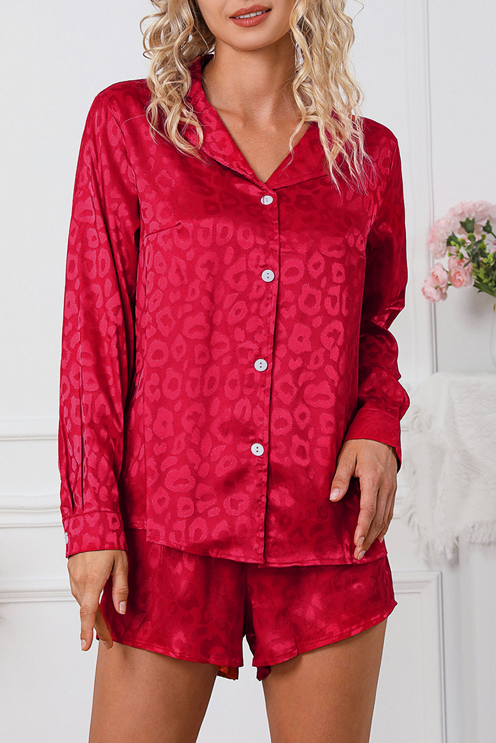 Red 2pcs Satin Leopard Long Sleeve Top and Shorts Lounge Set