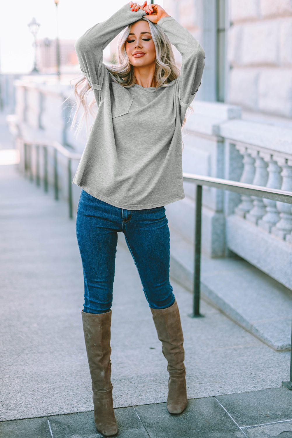 Gray Pocketed Oversized Drop Sleeve Top