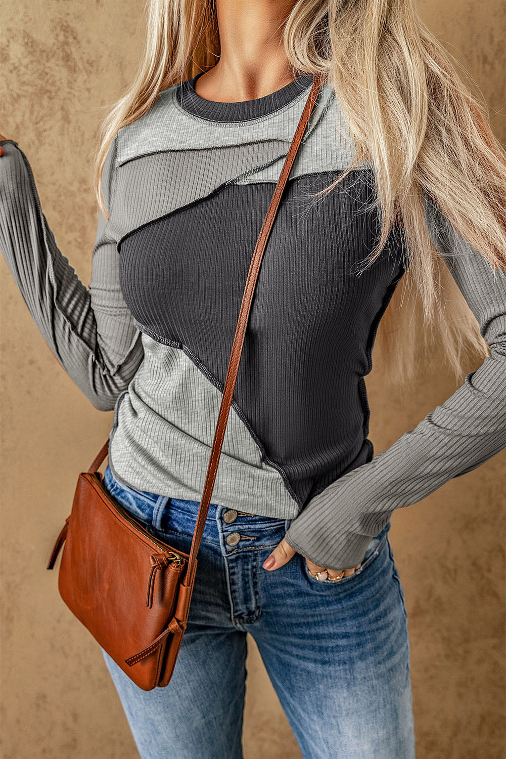 Gray Expose Seam Color Block Ribbed Knit Top