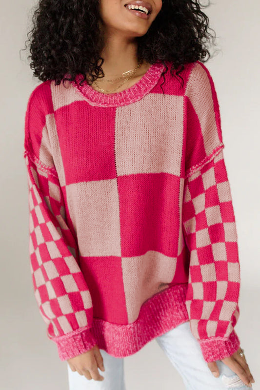 Rose Red Mixed Checkered Pattern Drop Shoulder Loose Sweater