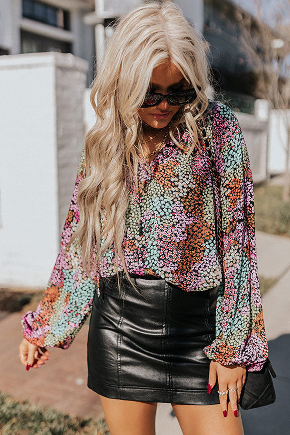 Multicolor Vibrant Floral Tie V Neck Puff Sleeve Blouse