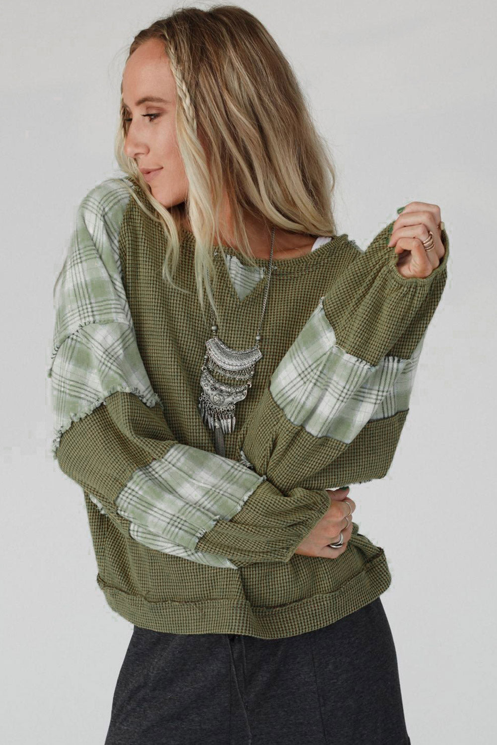 Green Plaid Patch Waffle Knit Exposed Seam Bubble Sleeve Top