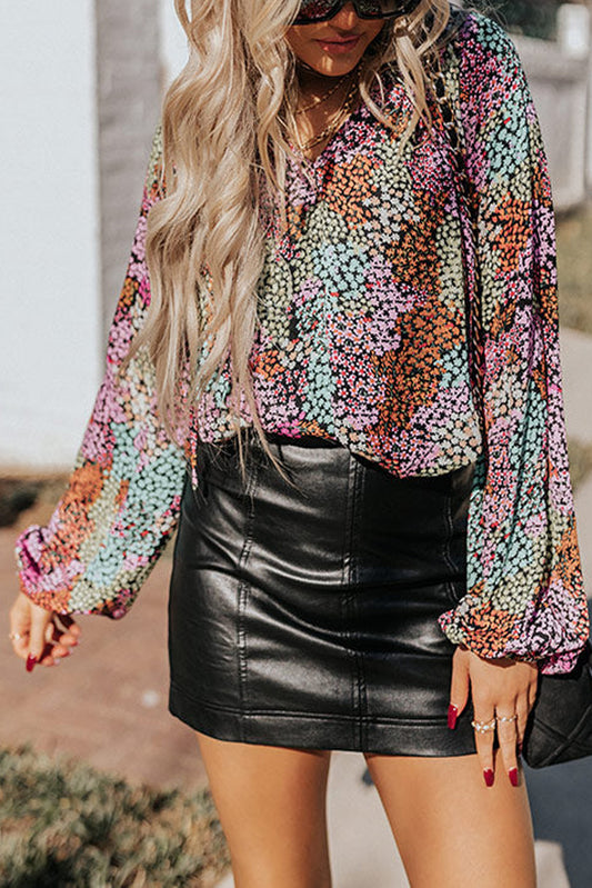 Multicolor Vibrant Floral Tie V Neck Puff Sleeve Blouse