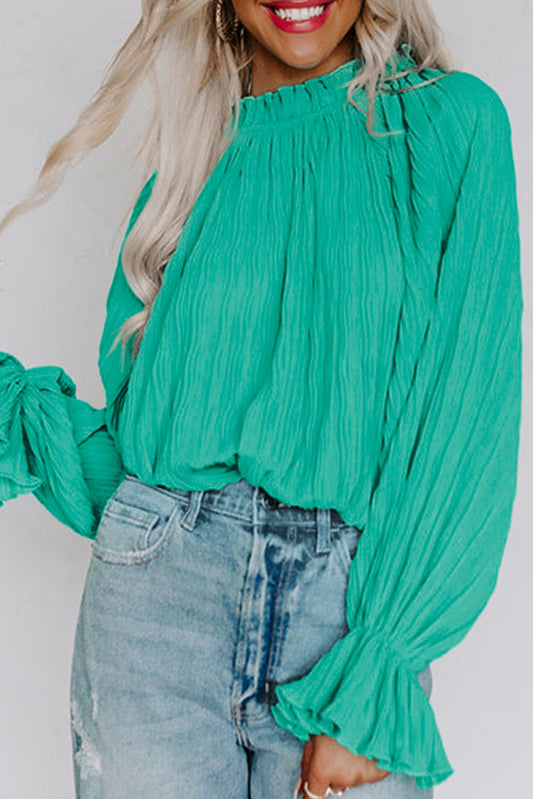 Green Striking Pleated Flared Cuff Long Sleeve Blouse