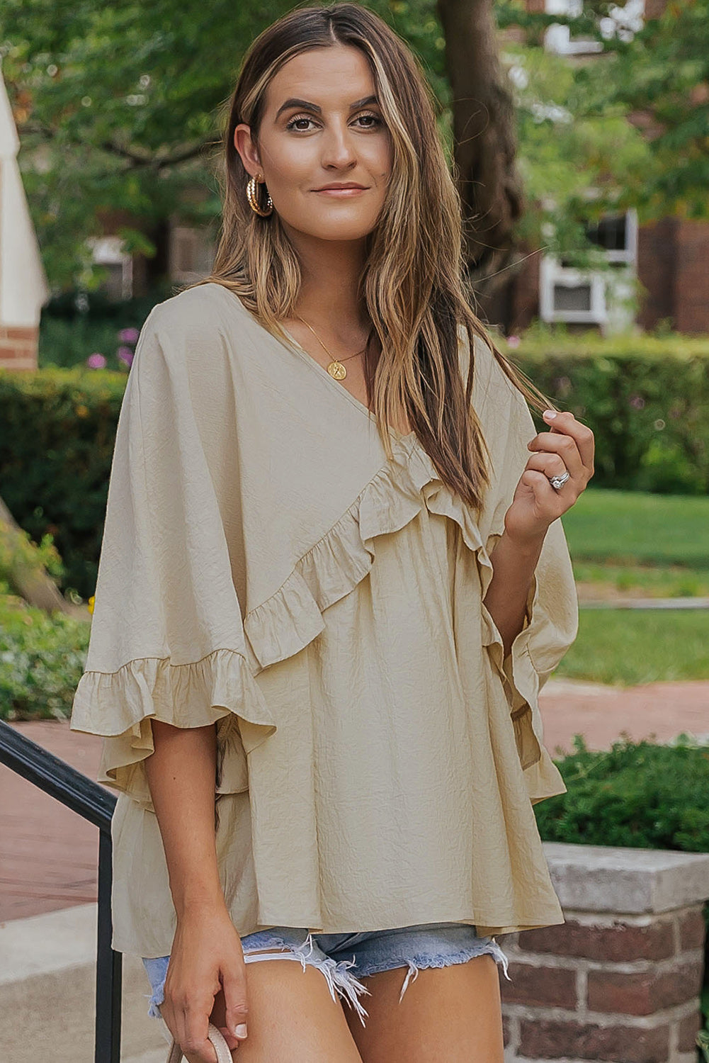 Apricot V Neck Draped Batwing Sleeve Ruffle Top