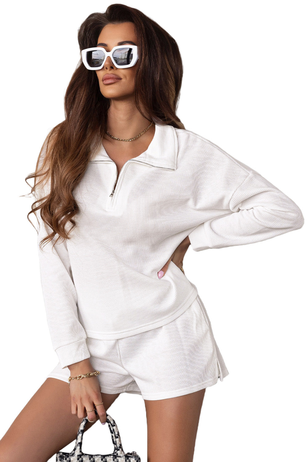 White Ribbed Zipper Sweatshirt and High Waist Shorts Set