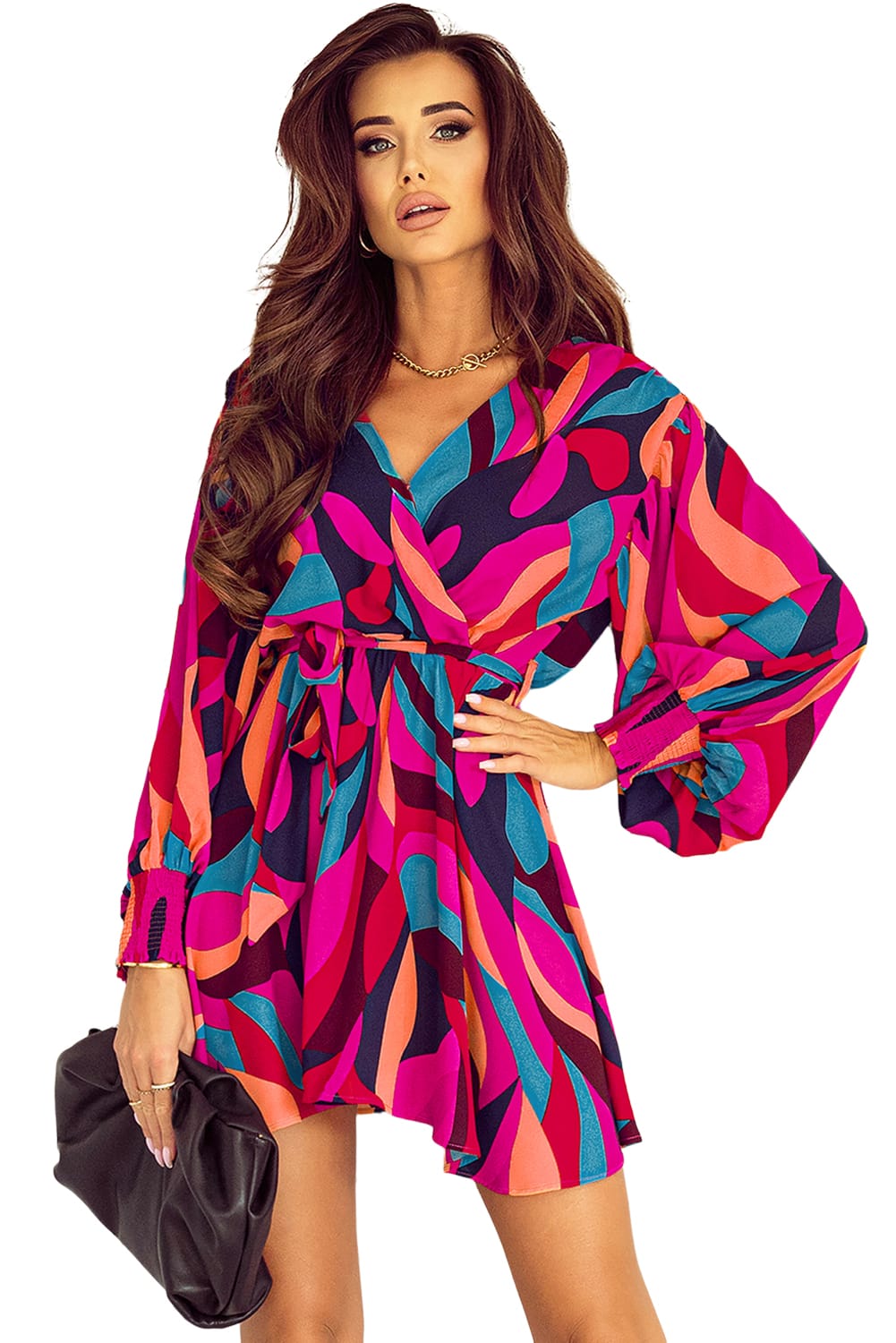 Red Abstract Printed Belted Puff Sleeve Mini Dress