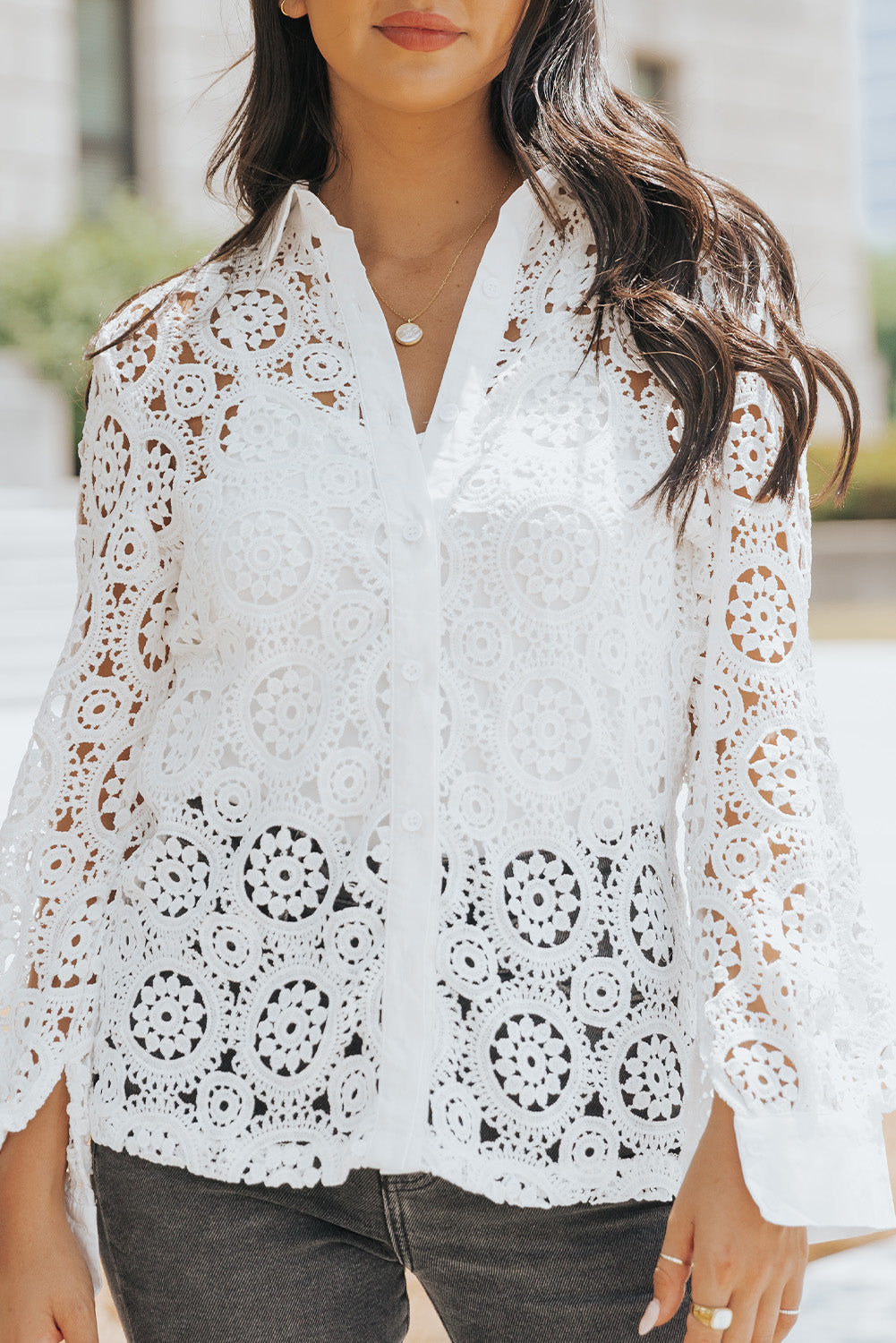 White Crochet Lace Hollow-out Turn-down Collar Shirt