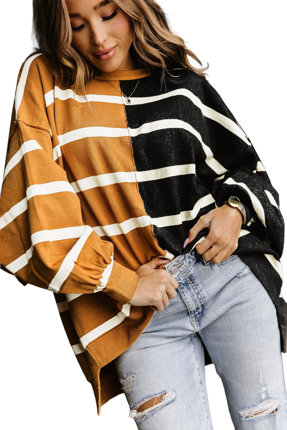 Stripe Oversized Contrast Printed Dropped Shoulder Top