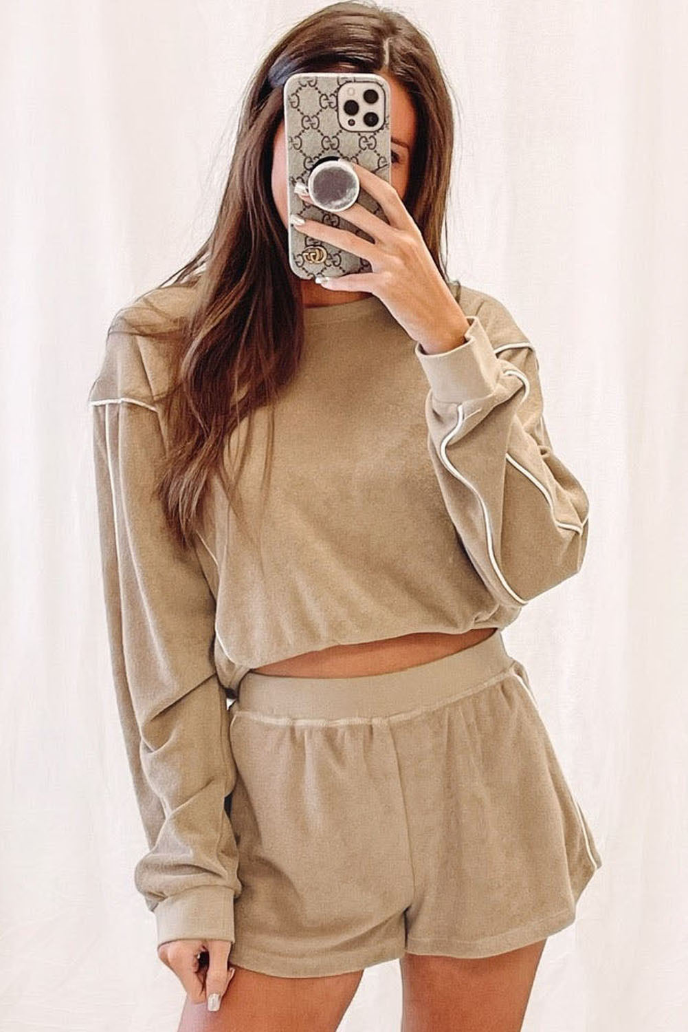 Khaki Piping Trim Long Sleeve Terry Shorts Set