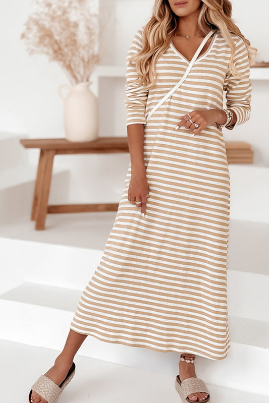 Khaki Striped V-neck Long Sleeve Casual Dress