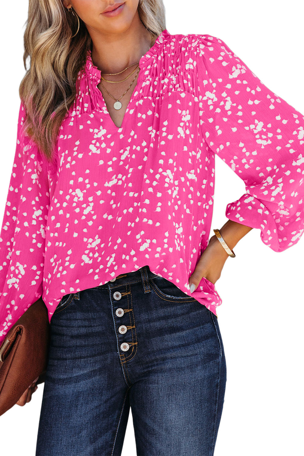 Pink Split Neck Fall Printed Crinkled Blouse