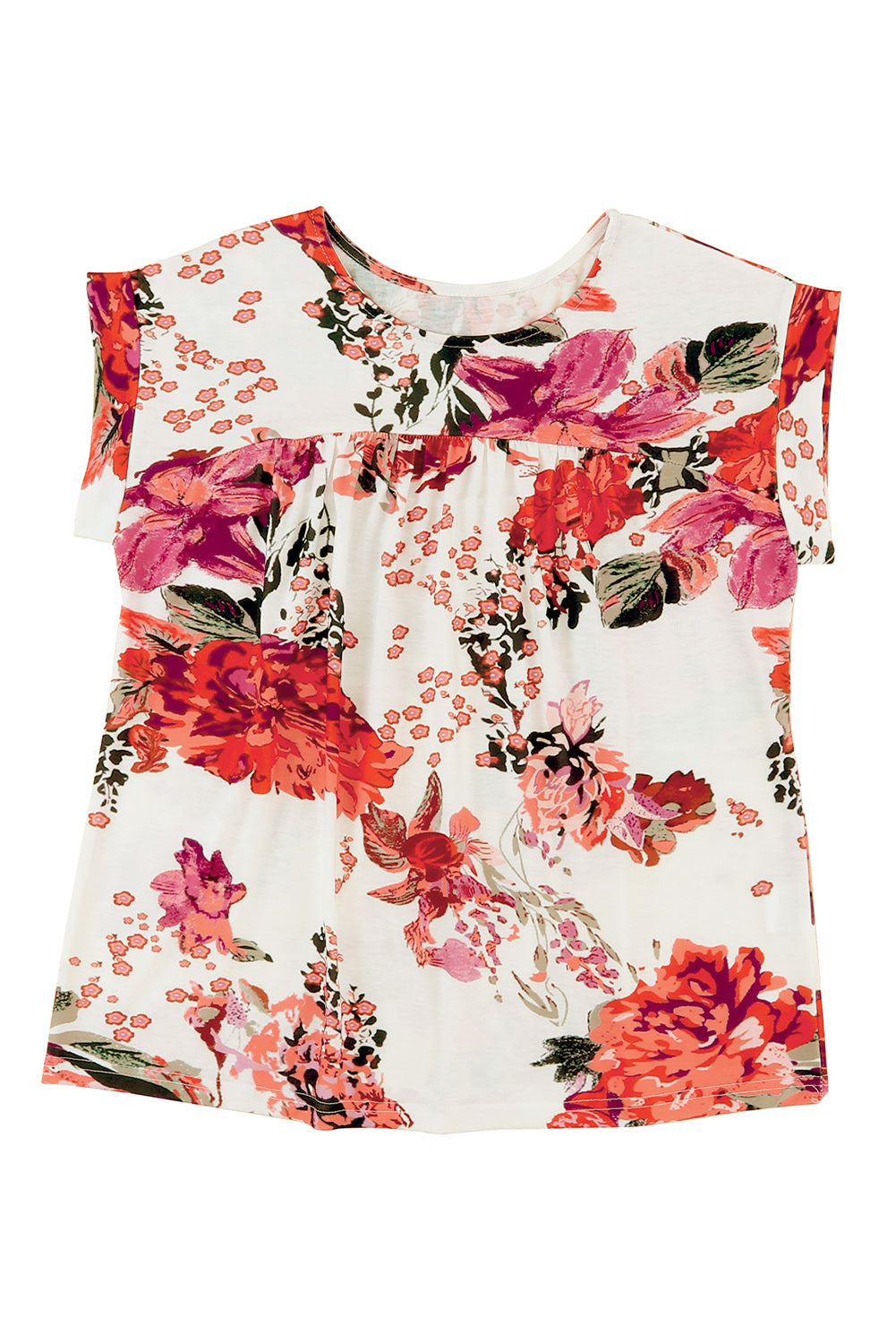 Red Floral Short Sleeve Round Neck Blouse