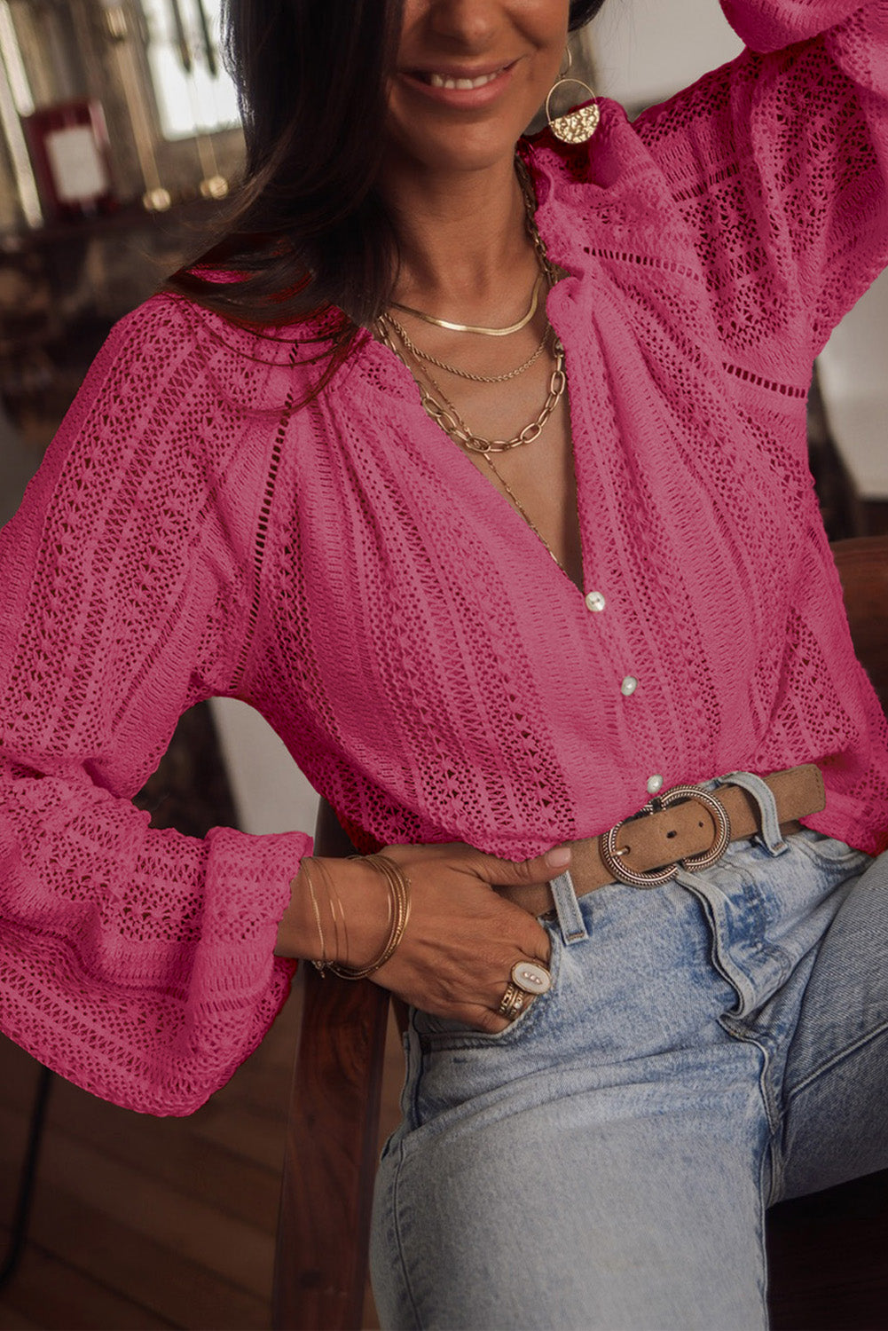 Rose V-Neck Long Sleeve Button Up Lace Shirt