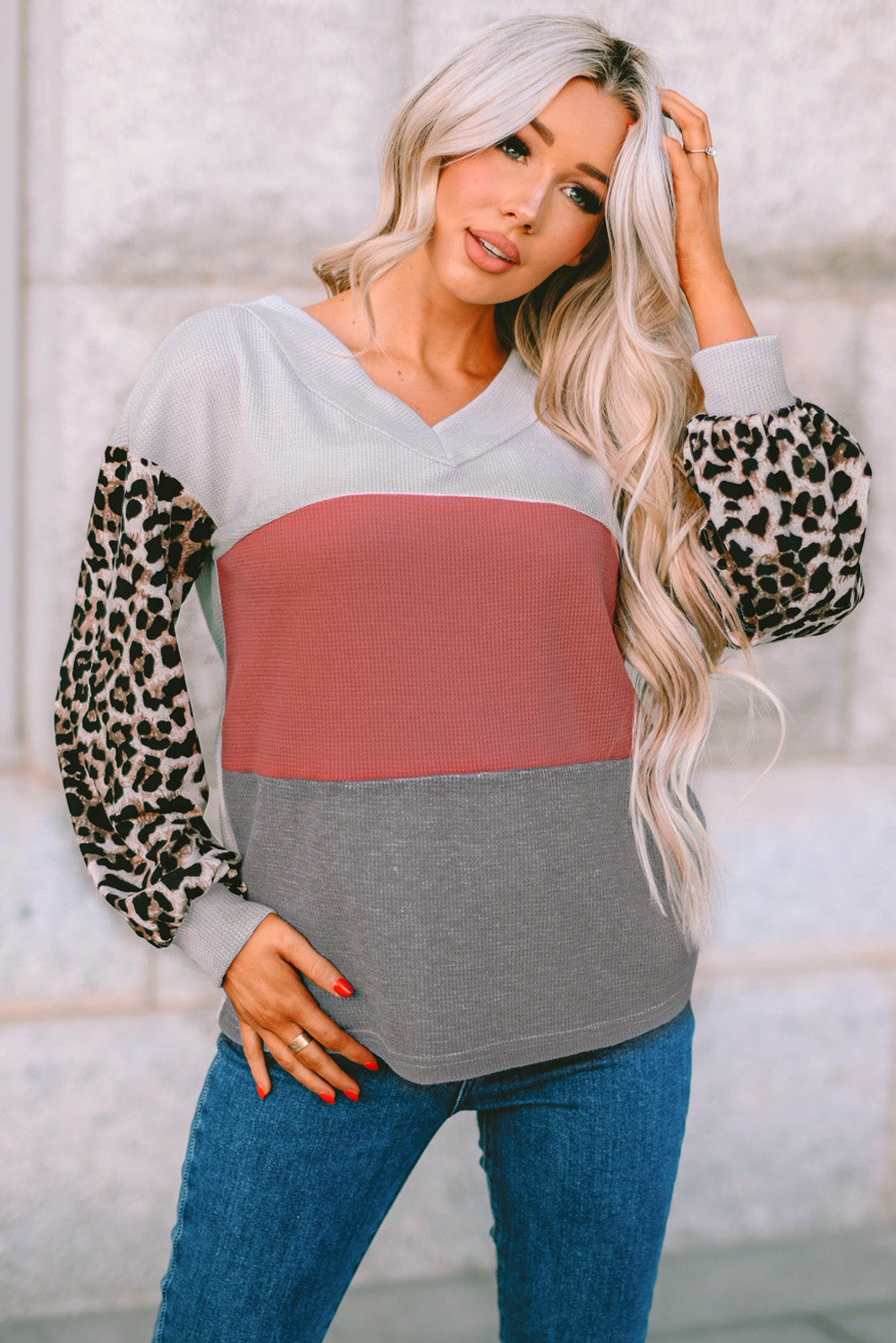 Red Wild Leopard Contrast Sleeve Colorblock Waffle Knit Top