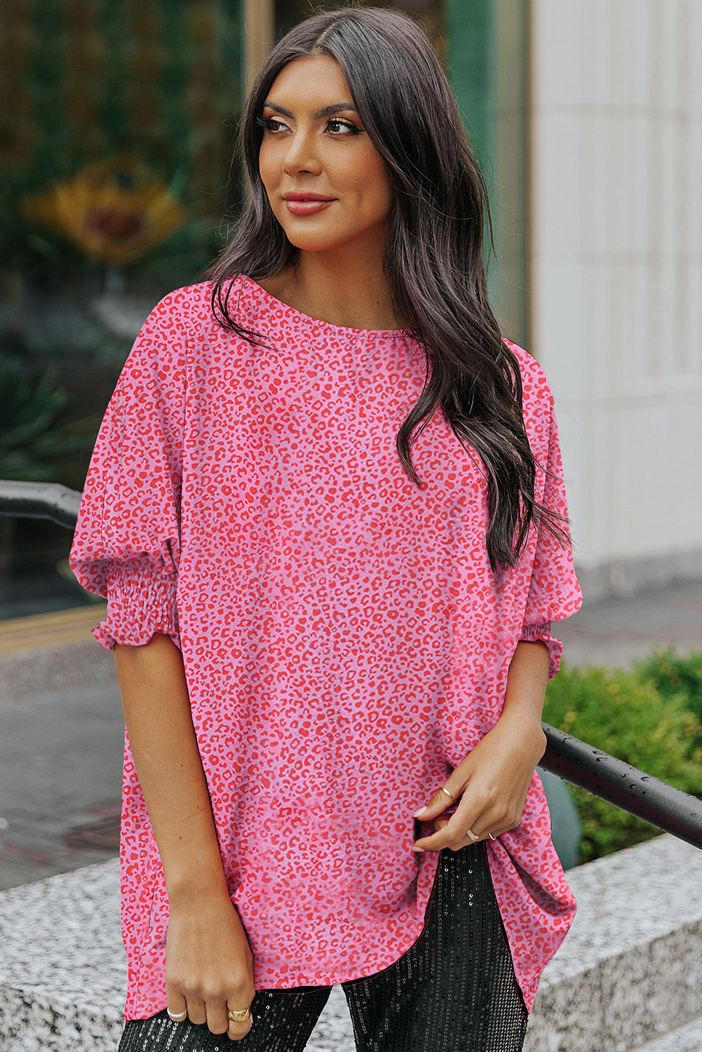 Oversized Leopard Puff Sleeve Blouse