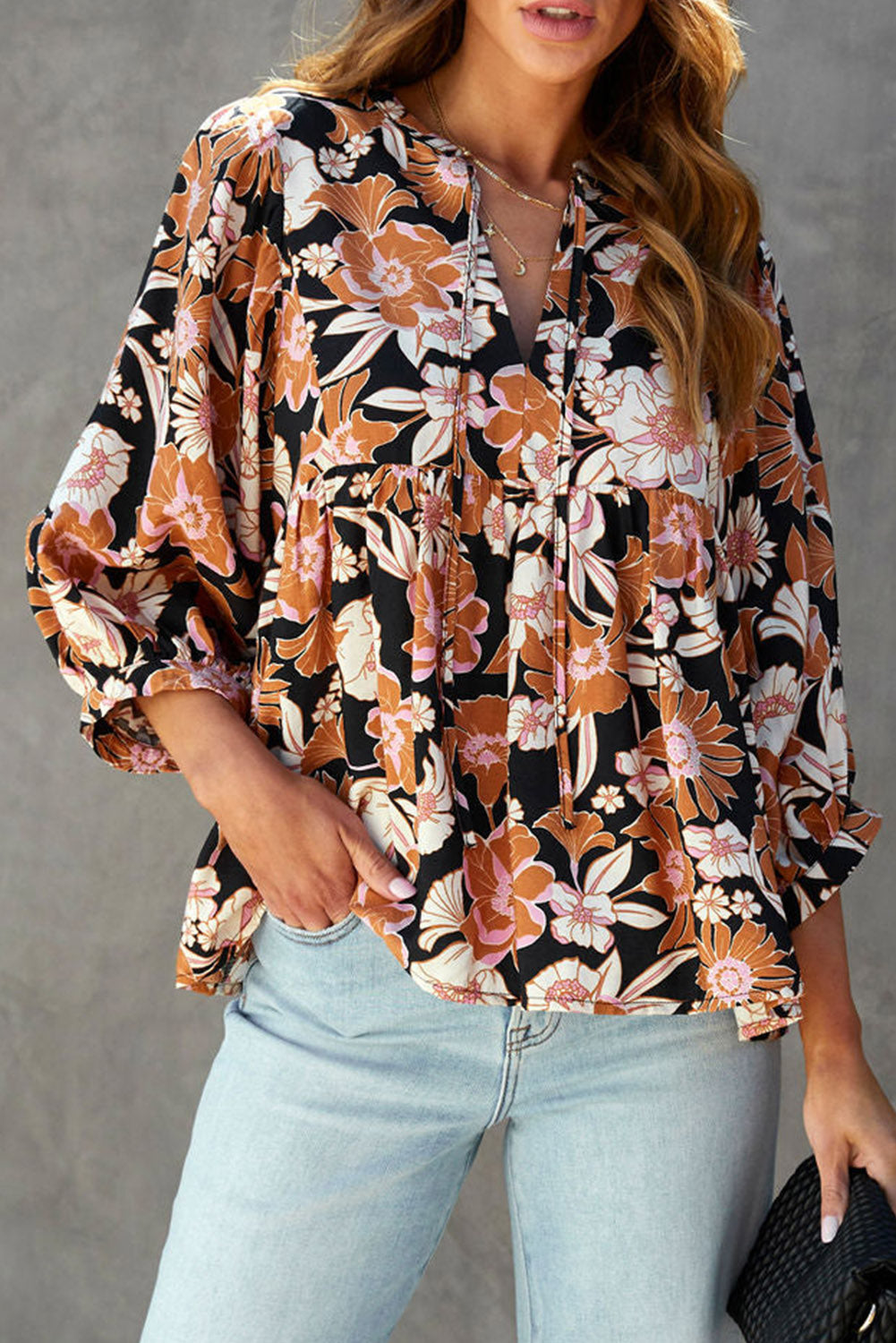 Brown Floral Print 3/4 Sleeve Babydoll Blouse