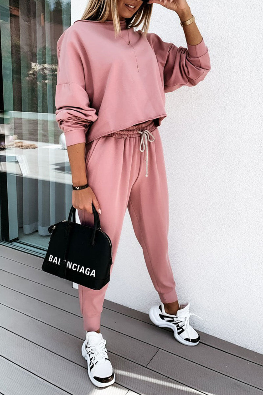 Pink Solid Sport Boxy Fit Pullover & Pants Outfit