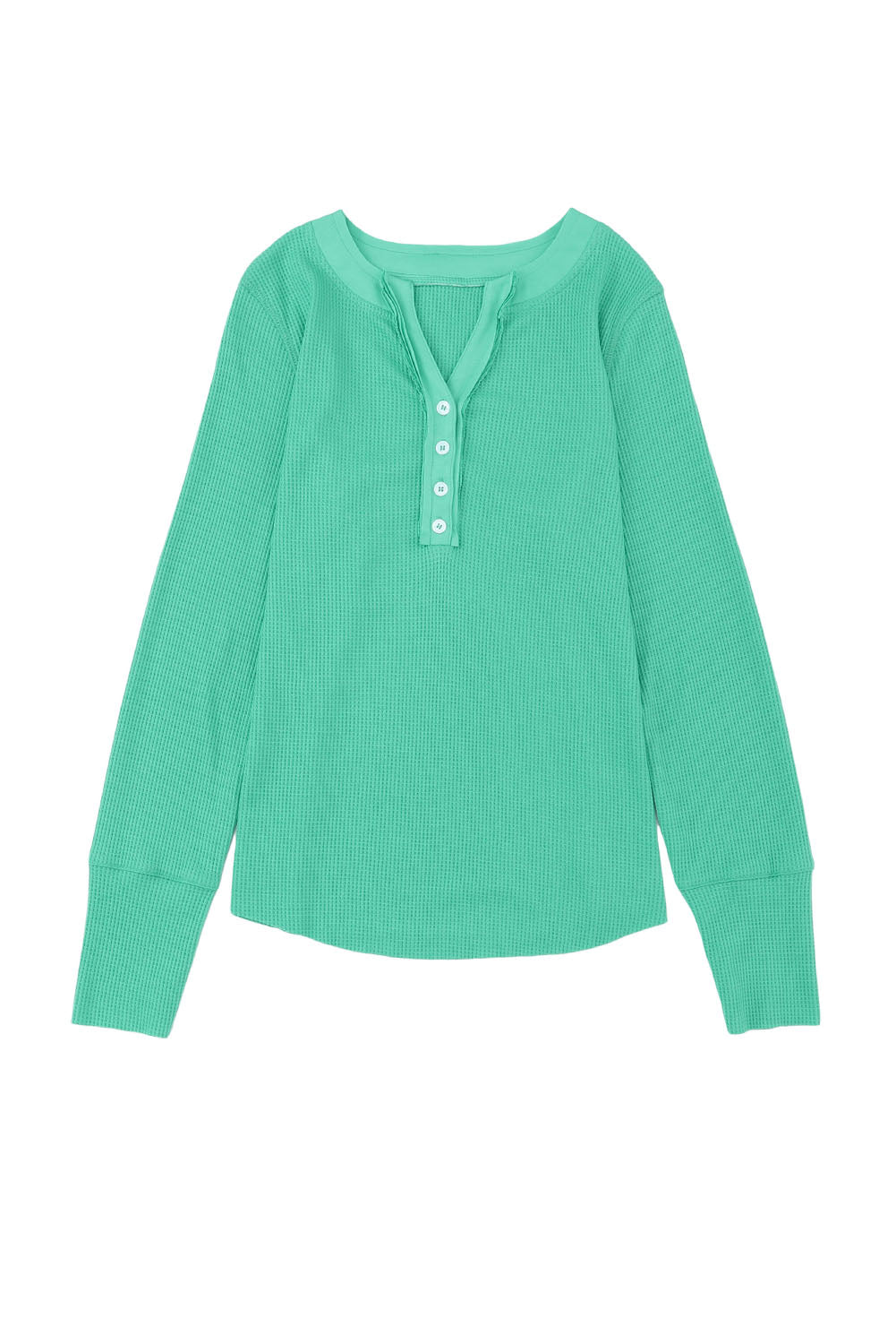 Green Trimmed Neckline Waffle Knit Henley Top