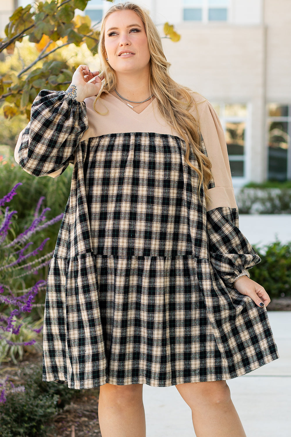 Plaid Waffle Knit Patchwork Mini Dress