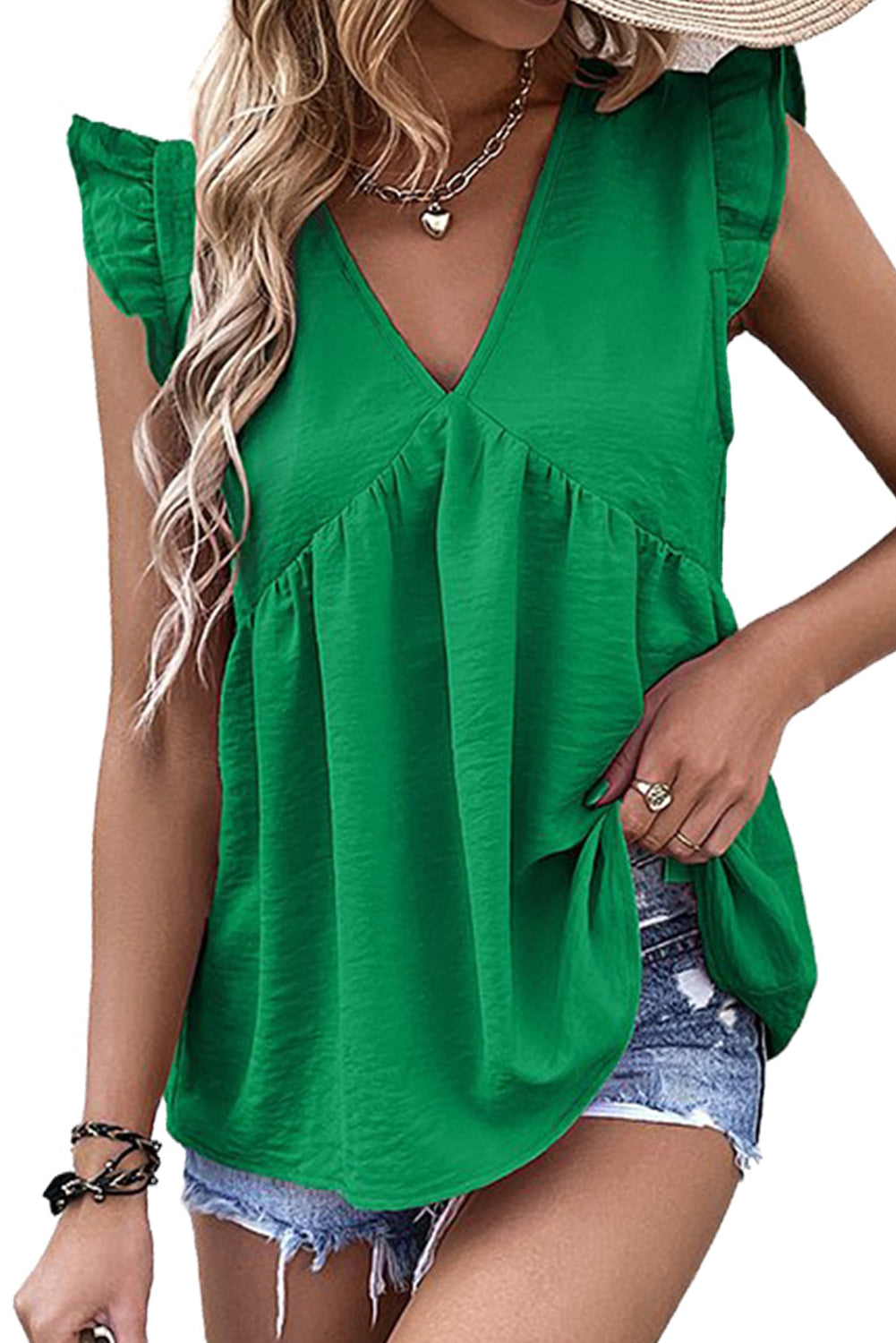 Green V Neck Flutter Sleeveless Top