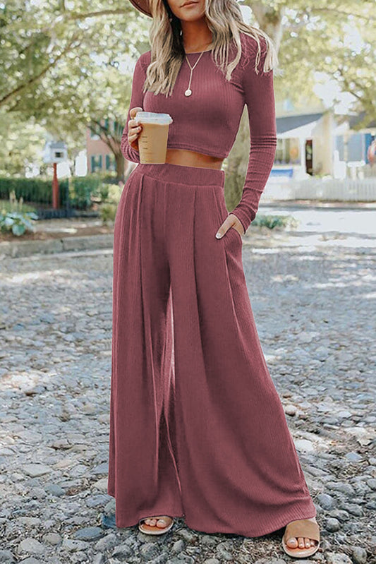 Solid Color Ribbed Crop Top Long Pants Set