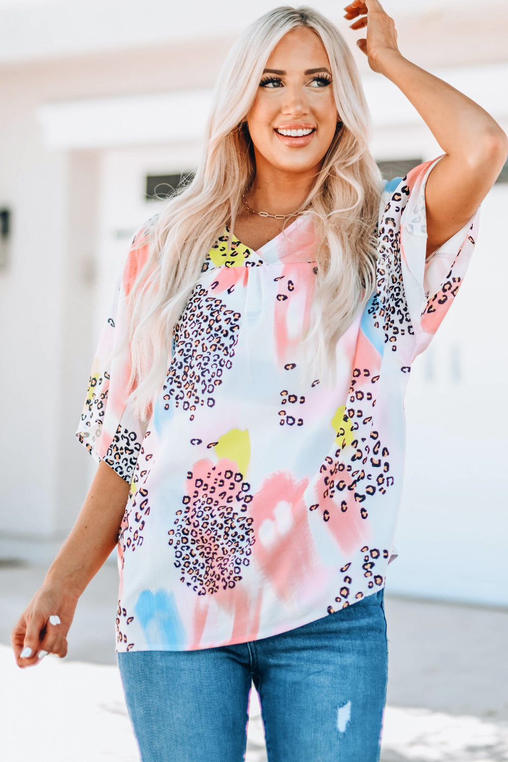 Animal Watercolor Mixed Print Loose Top