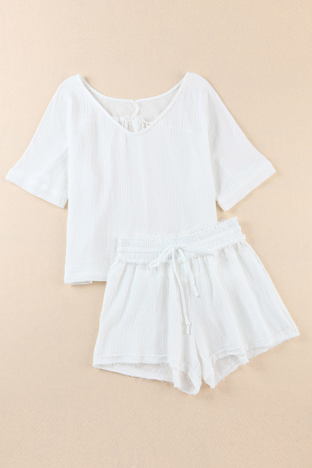 White Relaxed V Neck Blouse and Drawstring Raw Hem Shorts Set