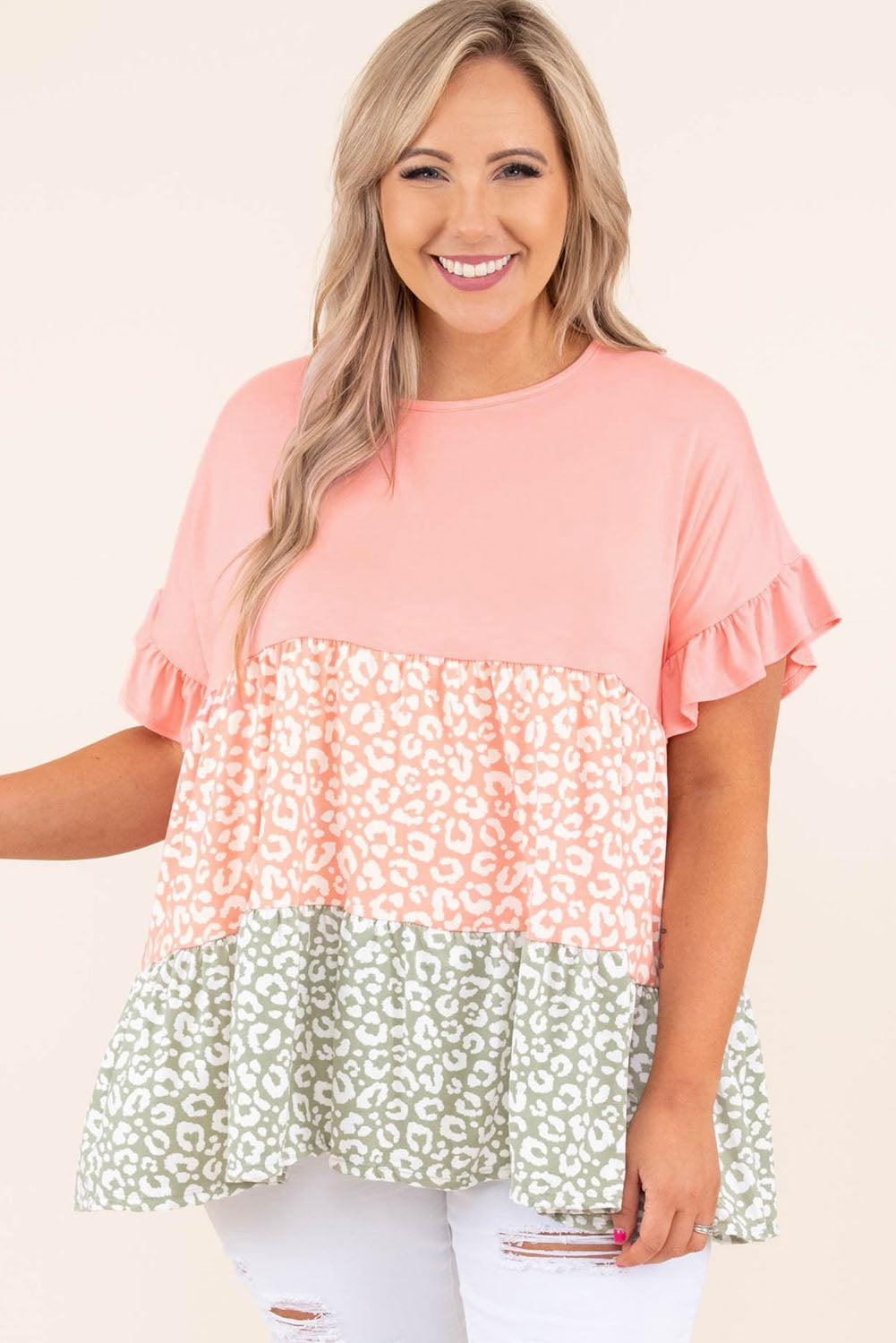 Pink Ruffled Short Sleeve Leopard Splicing Flowy Plus Size Top