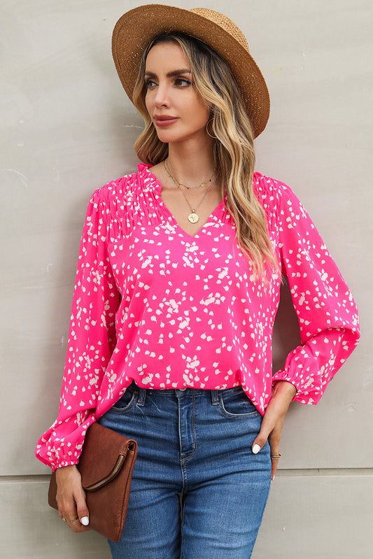 Pink Split Neck Fall Printed Crinkled Blouse