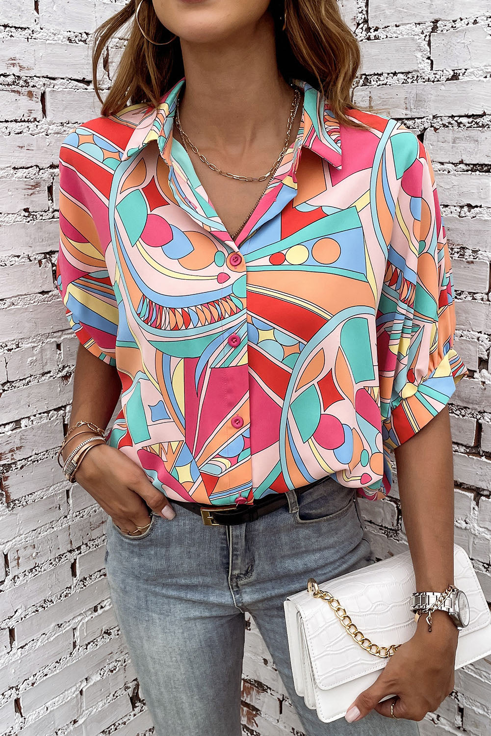 Multicolor Abstract Geometry Print Half Puff Sleeve Loose Shirt