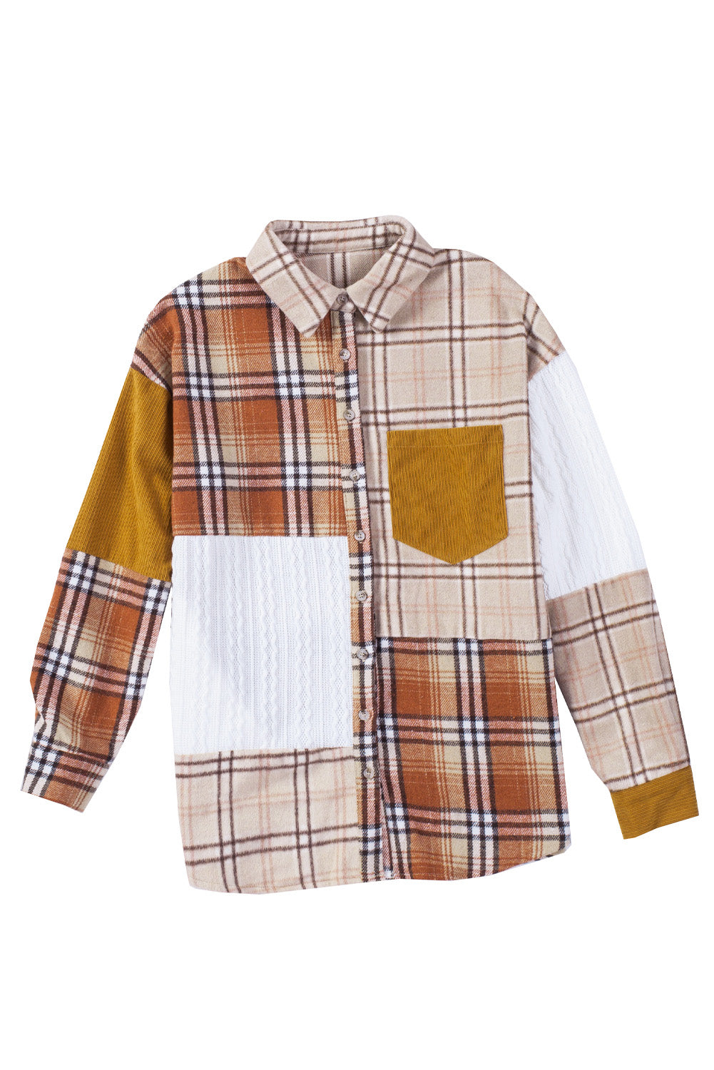 Orange Plaid Color Block Patchwork Shirt Jacket with Pocket