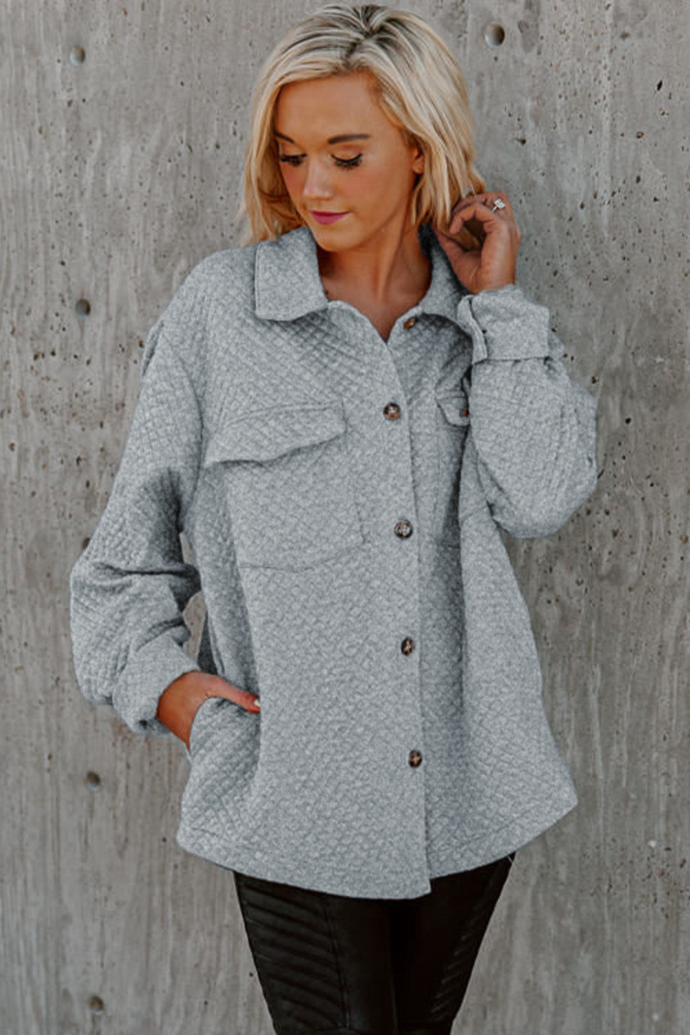 Gray Retro Quilted Flap Pocket Button Shacket