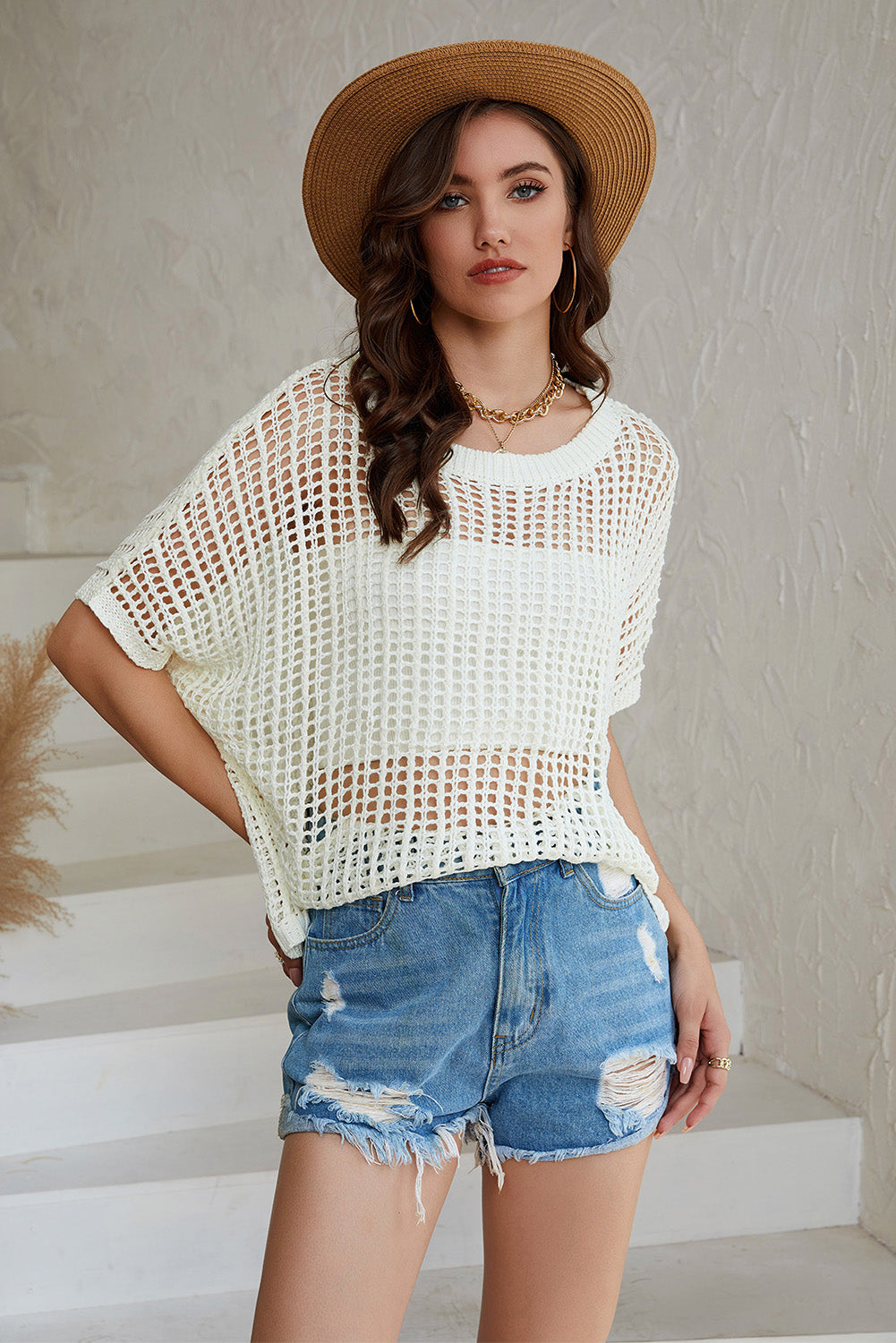 Whit Fishnet Knit Ribbed Round Neck Short Sleeve Sweater Tee