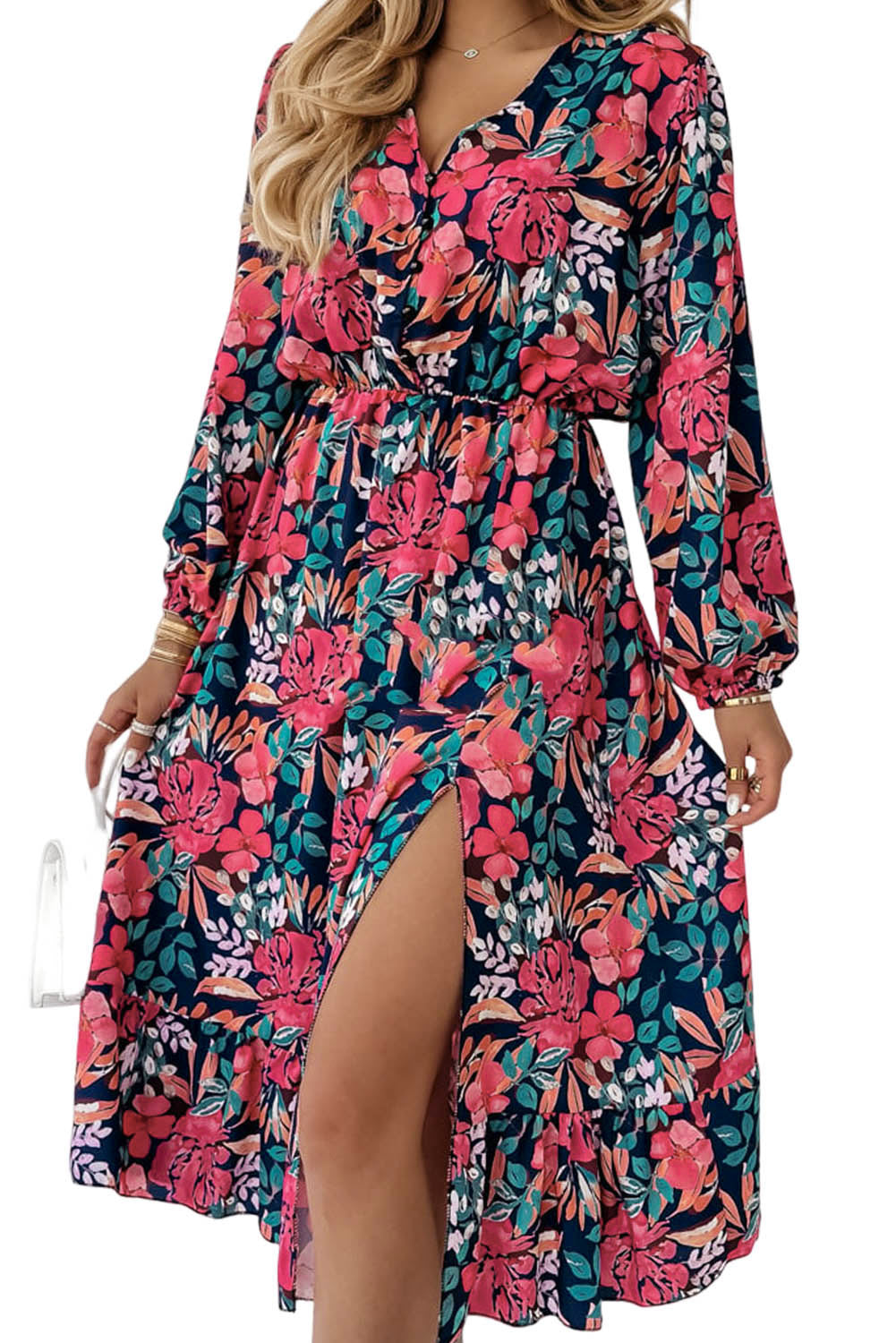 Red V Neck Elastic High Waist Split Floral Dress