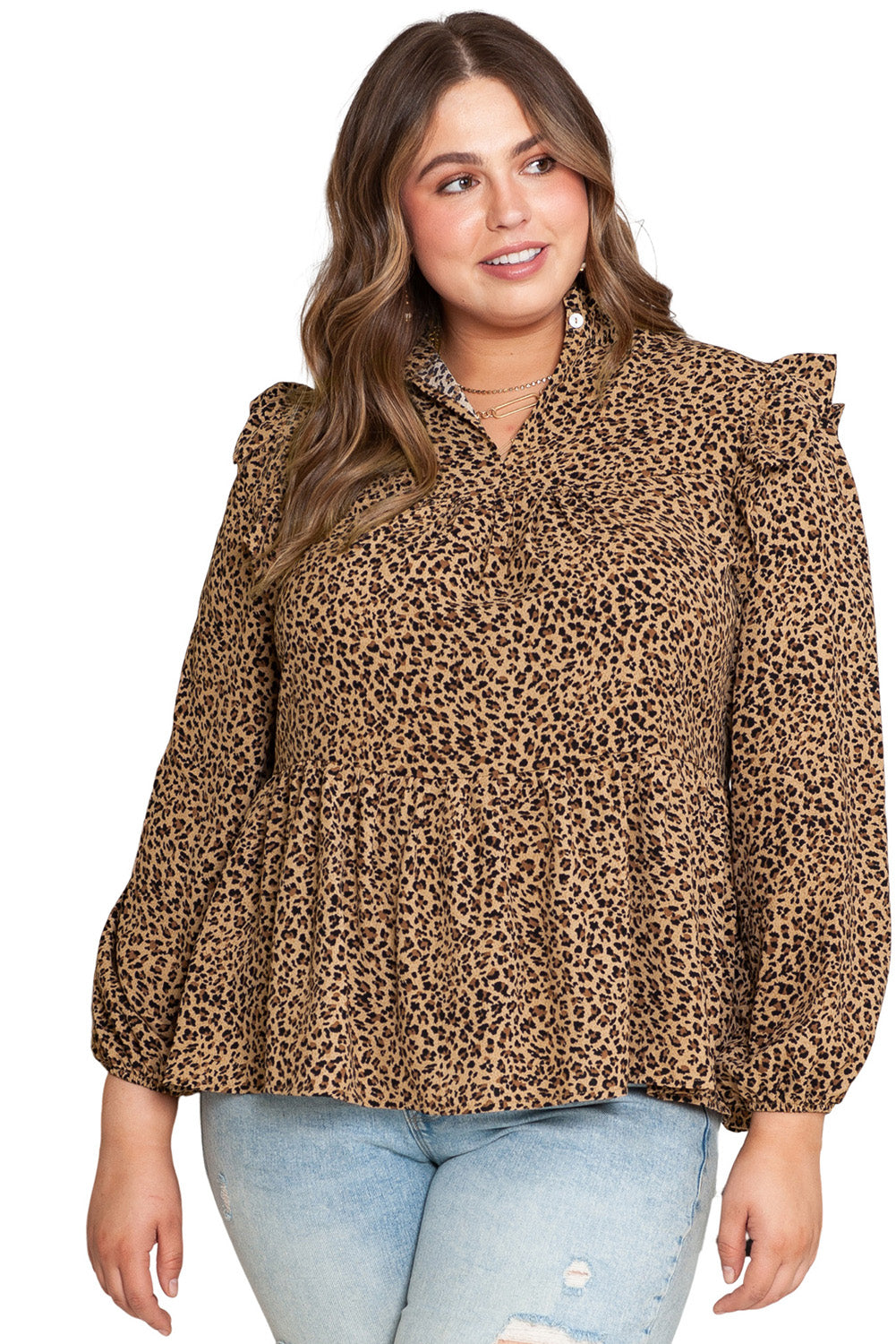 Leopard Frilled Shoulder Decor Plus Size Babydoll Top