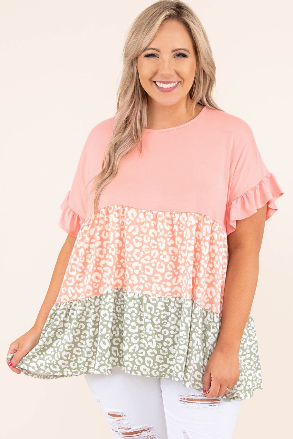 Pink Ruffled Short Sleeve Leopard Splicing Flowy Plus Size Top