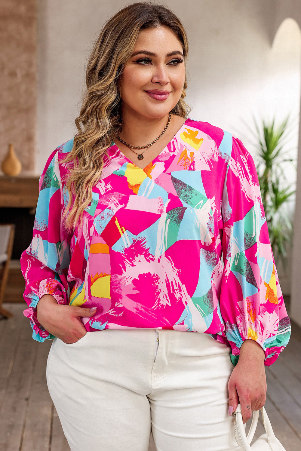 Pink Plus Size Graffiti Print Split Neck Puff Sleeve Blouse