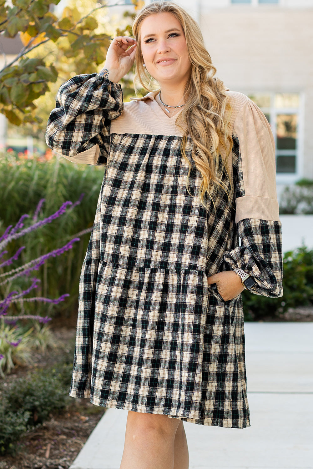 Plaid Waffle Knit Patchwork Mini Dress