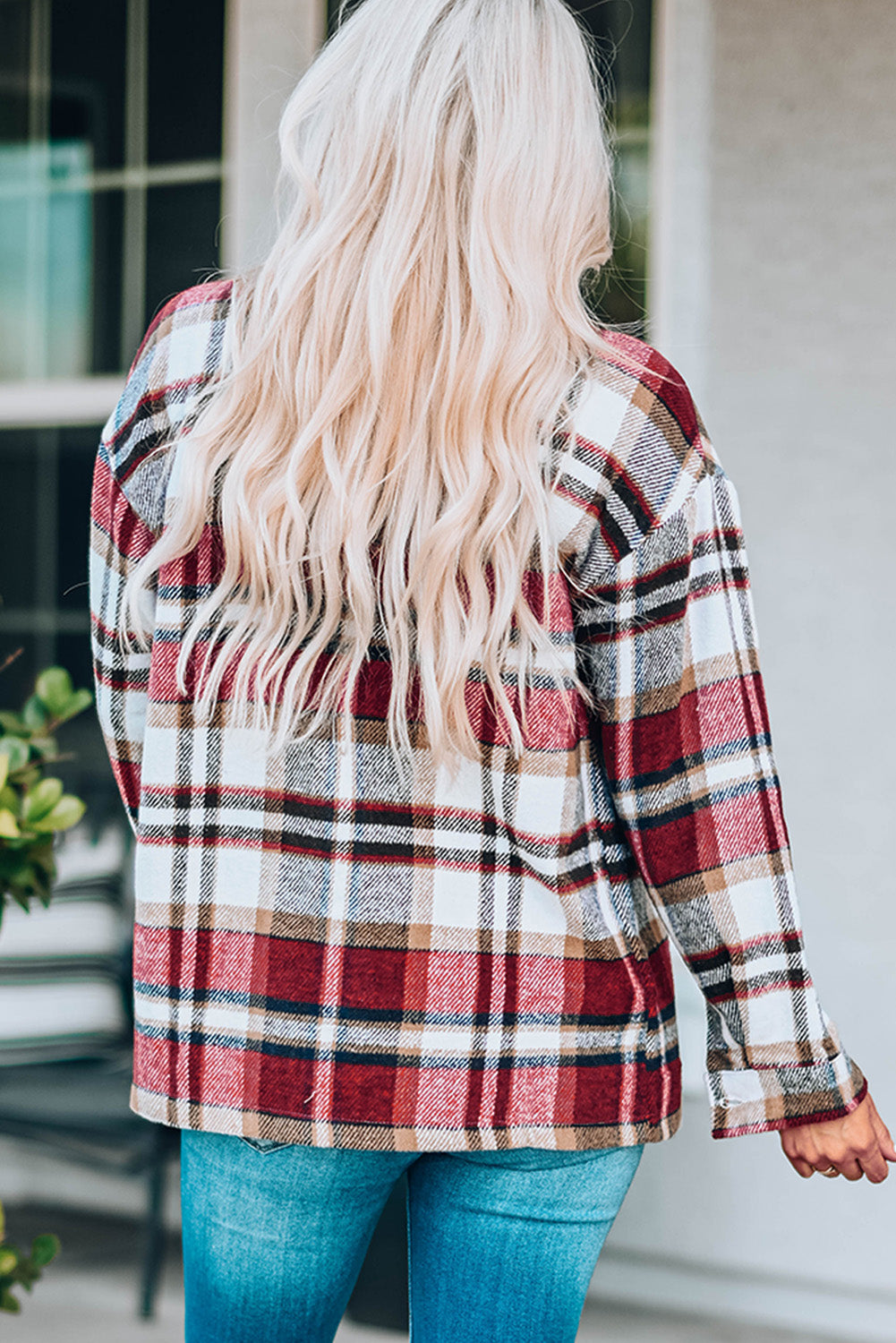 Red Geometric Plaid Print Pocketed Shacket