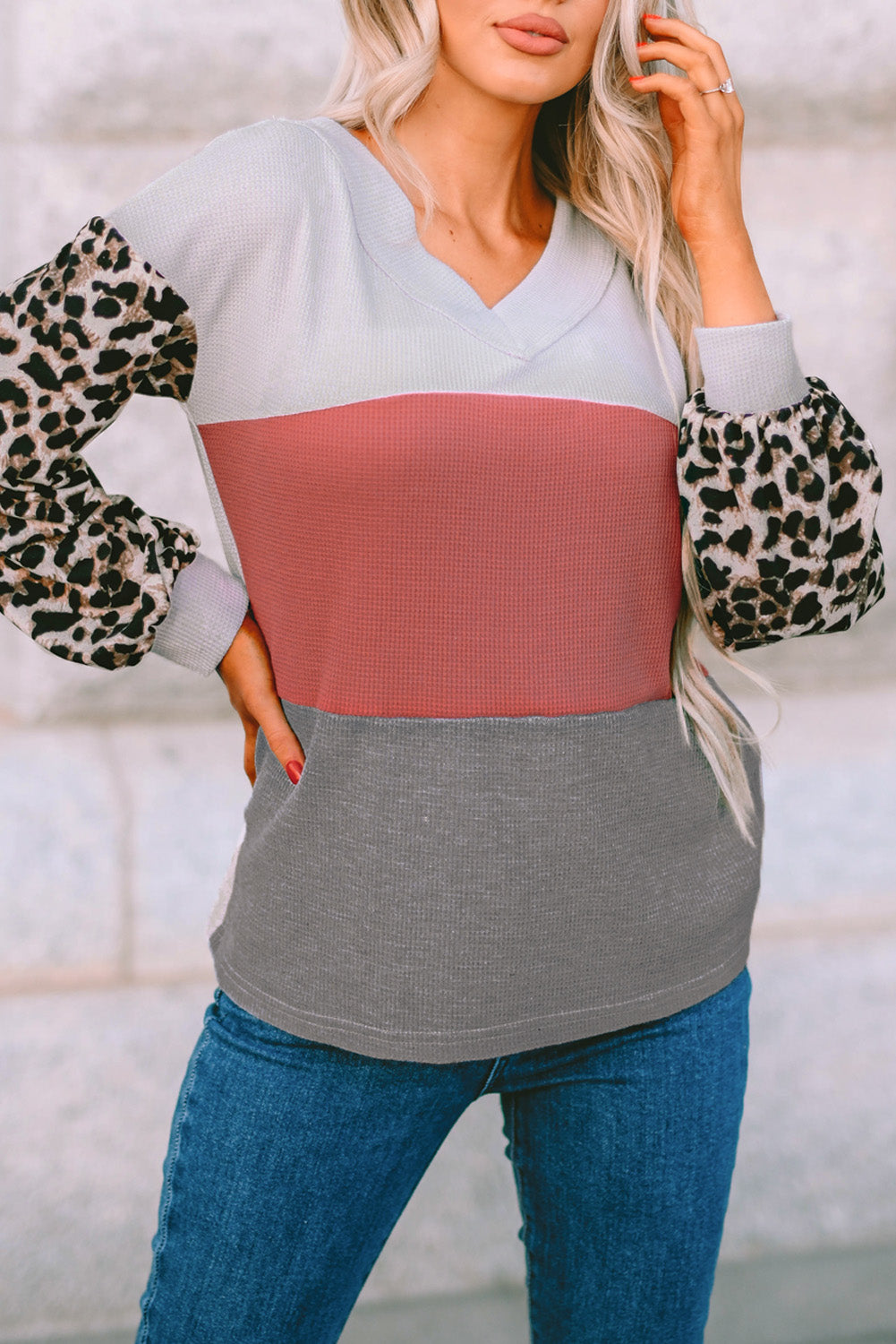 Red Wild Leopard Contrast Sleeve Colorblock Waffle Knit Top