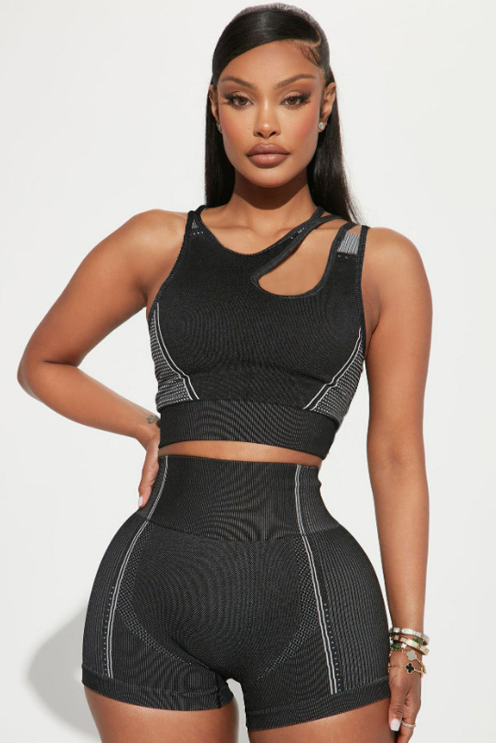 Black Strappy Mix Pattern Cutout Bra and Shorts Set