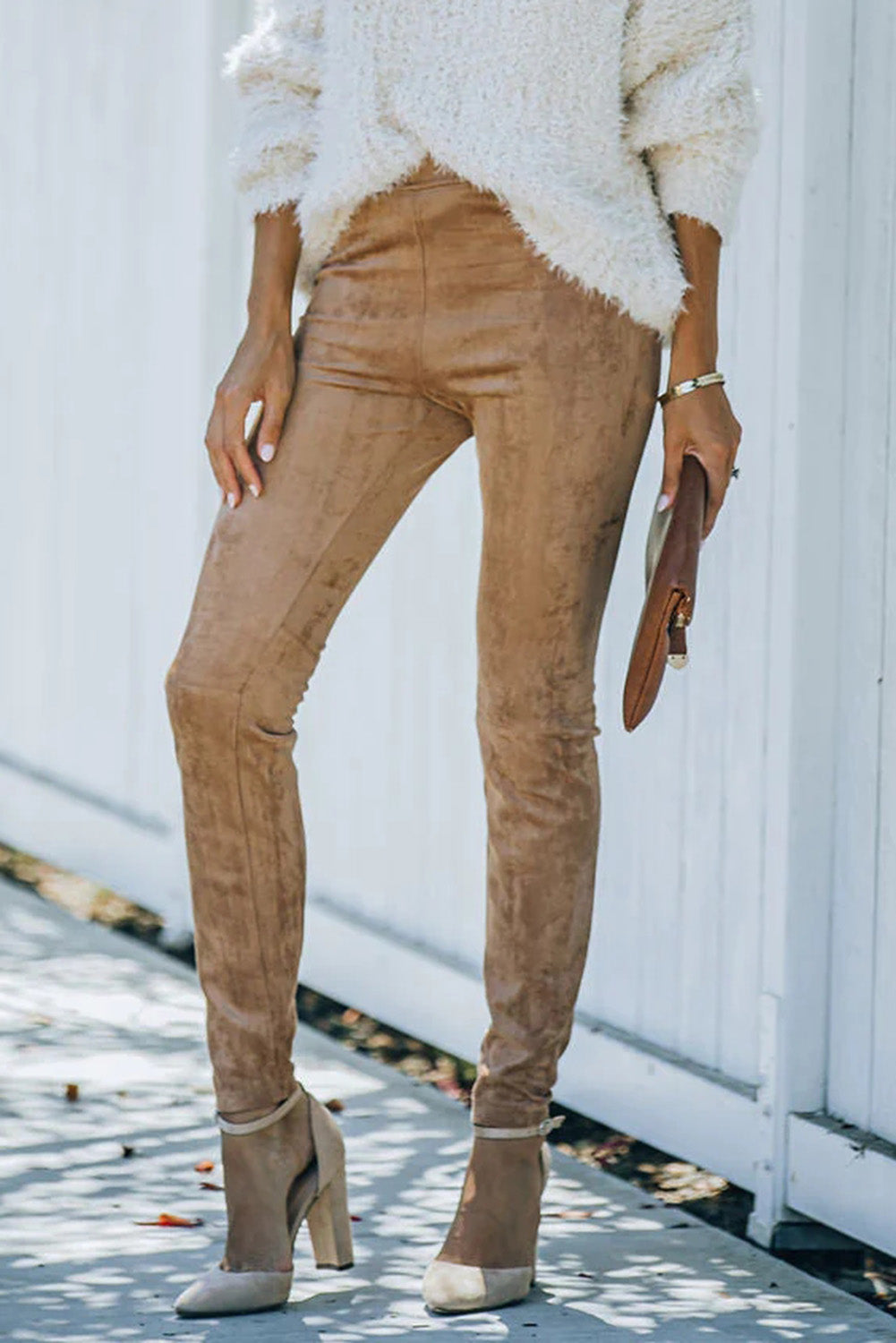 Khaki High Waist Faux Suede Skinny Leggings