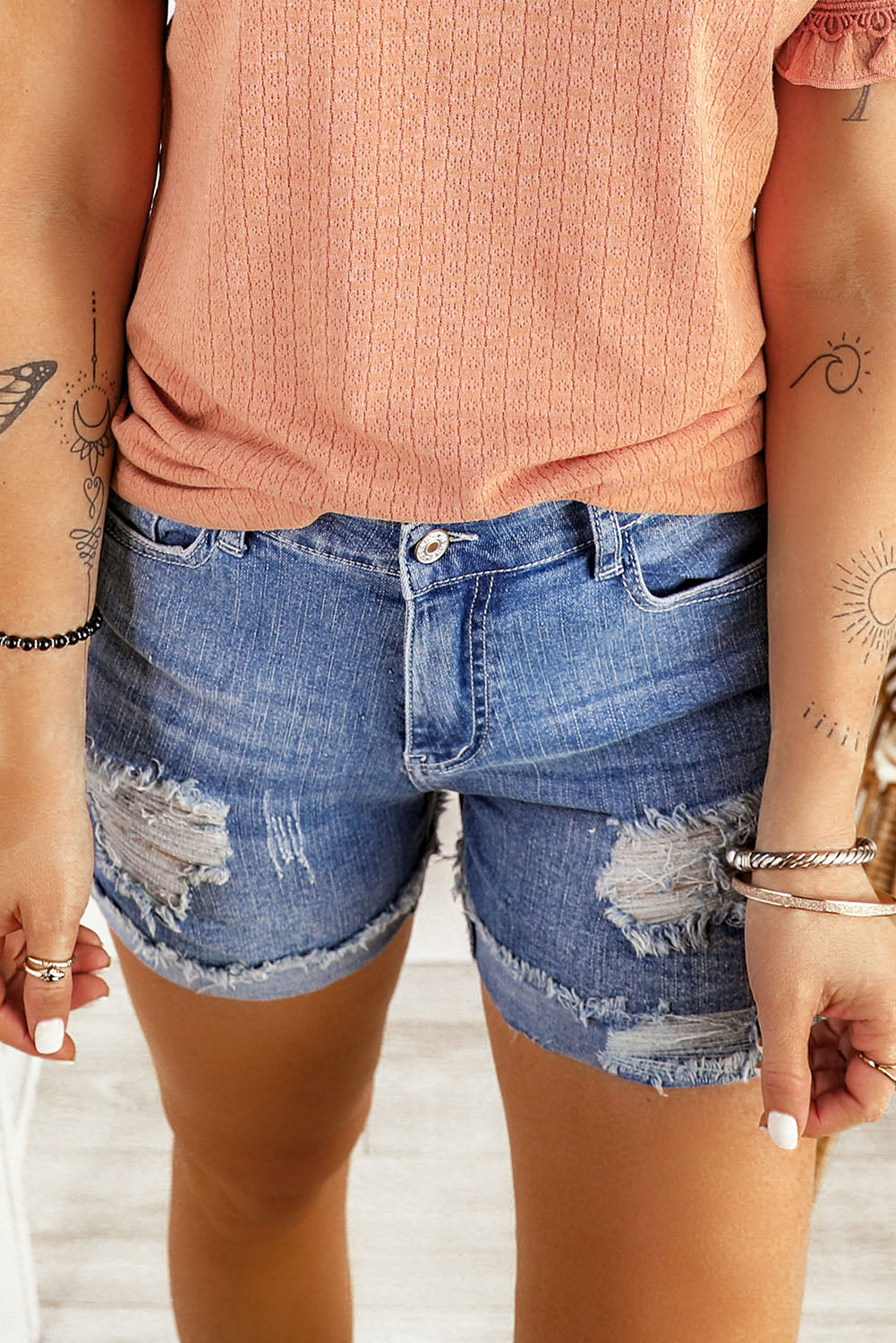 Distressed Ripped Rolled Hem Blue Denim Shorts