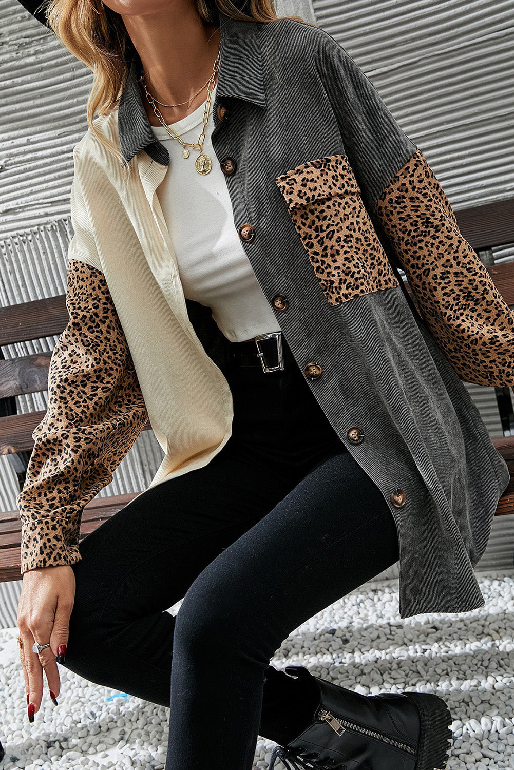 Gray Color Block Leopard Patched Corduroy Shacket