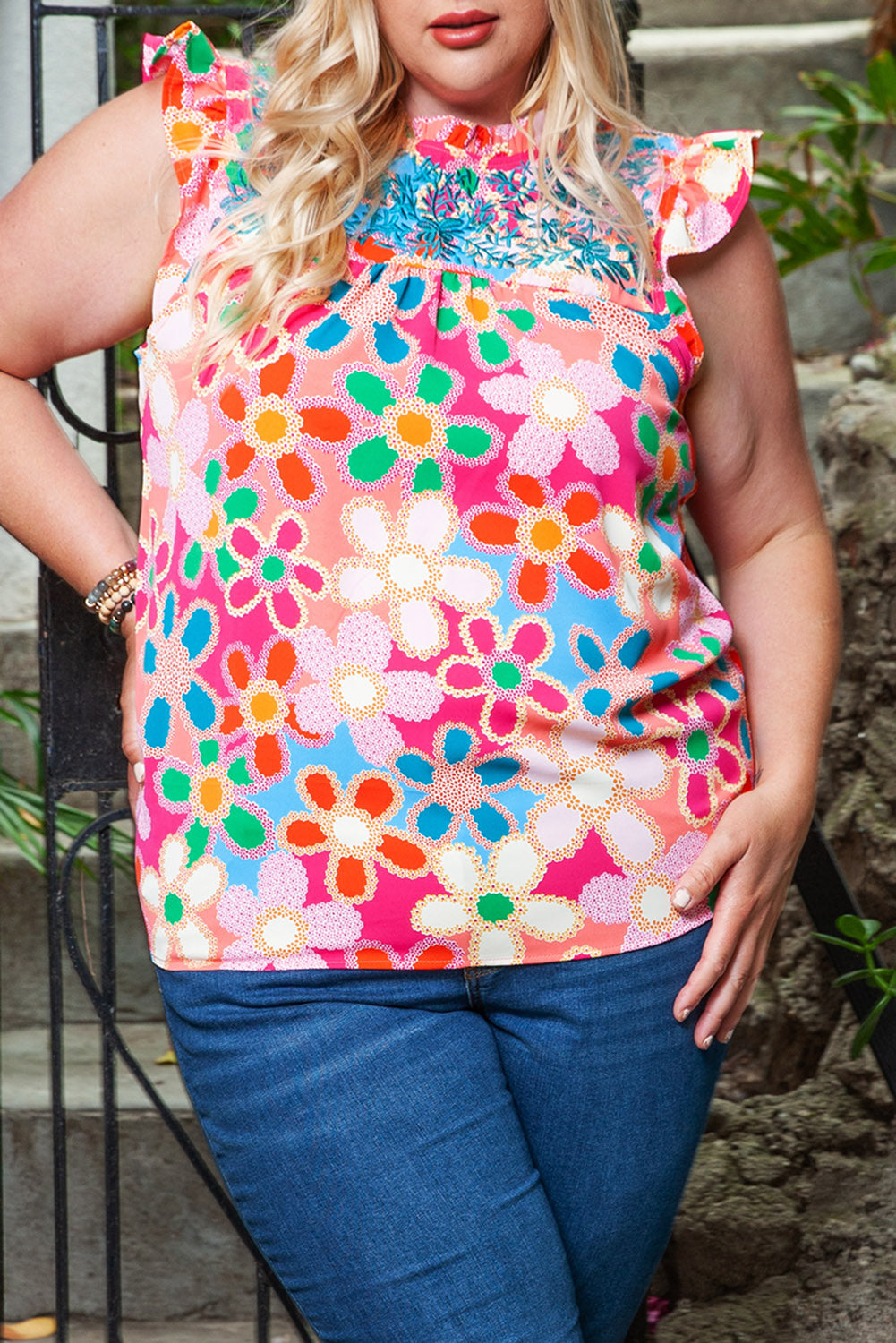 Multicolor Plus Size Floral Embroidered Flutter Sleeve Tank Top